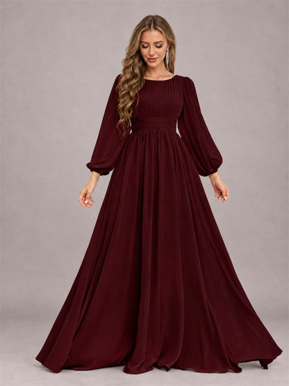 Cabernet Trendy Long Sleeves Ruched Floor Length Chiffon Bridesmaid Dress