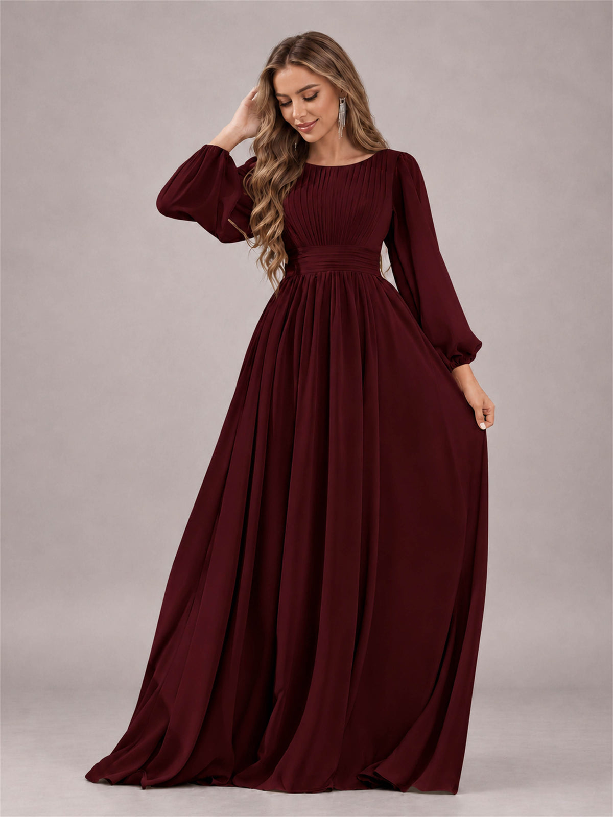 Cabernet Trendy Long Sleeves Ruched Floor Length Chiffon Bridesmaid Dress