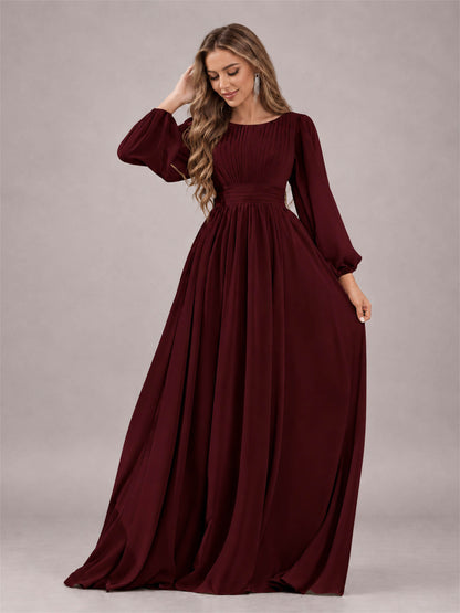 Cabernet Trendy Long Sleeves Ruched Floor Length Chiffon Bridesmaid Dress
