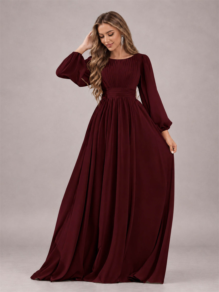 Cabernet Trendy Long Sleeves Ruched Floor Length Chiffon Bridesmaid Dress