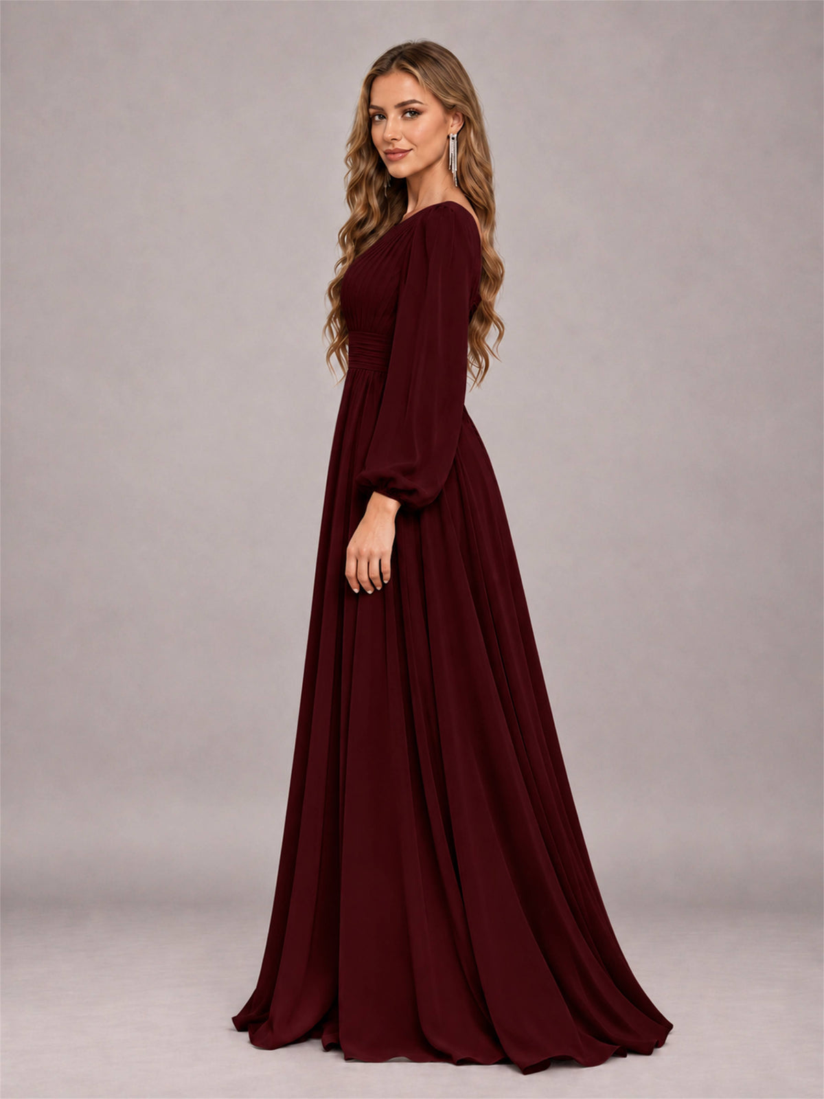 Cabernet Trendy Long Sleeves Ruched Floor Length Chiffon Bridesmaid Dress