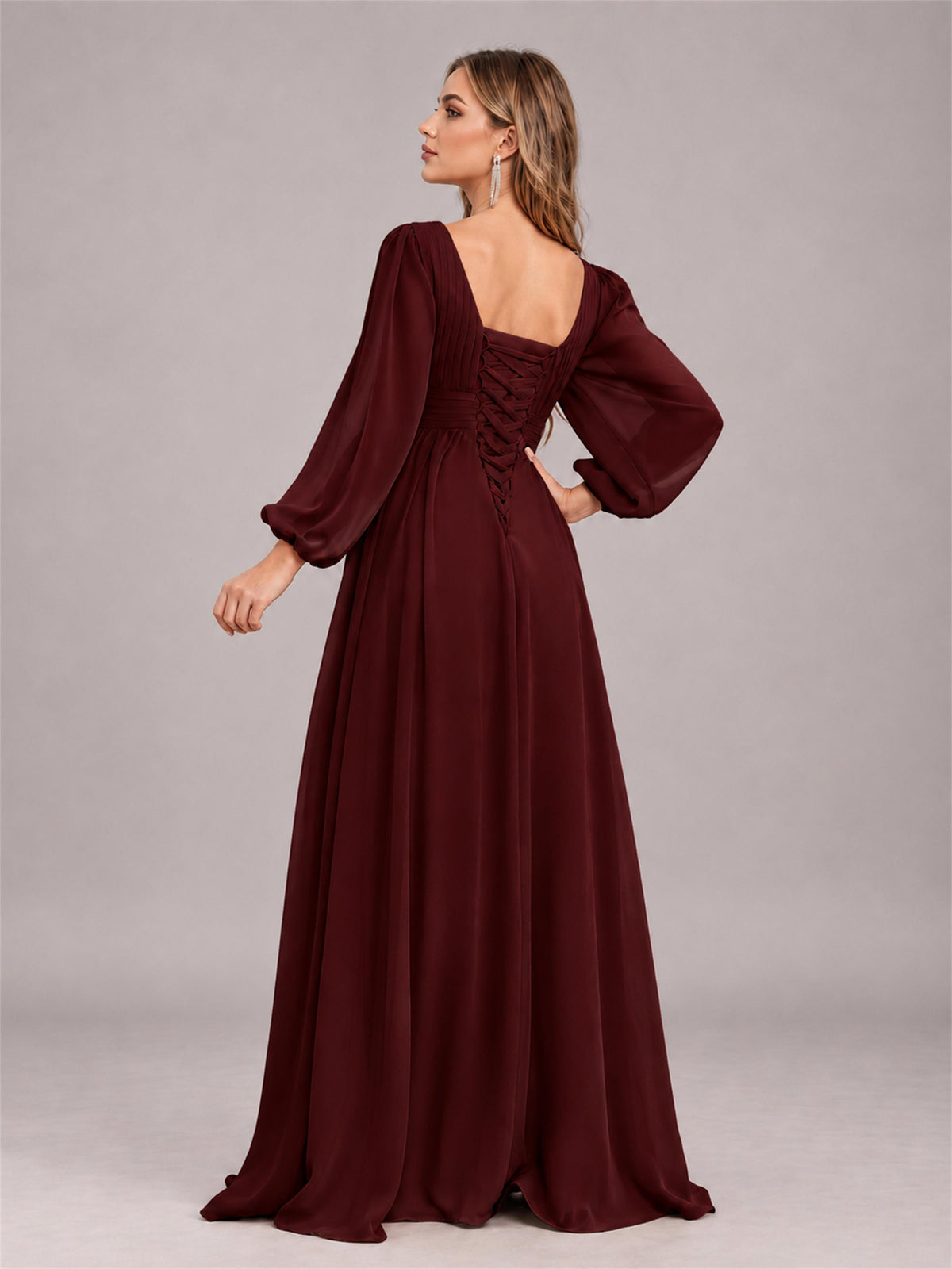 Cabernet Trendy Long Sleeves Ruched Floor Length Chiffon Bridesmaid Dress