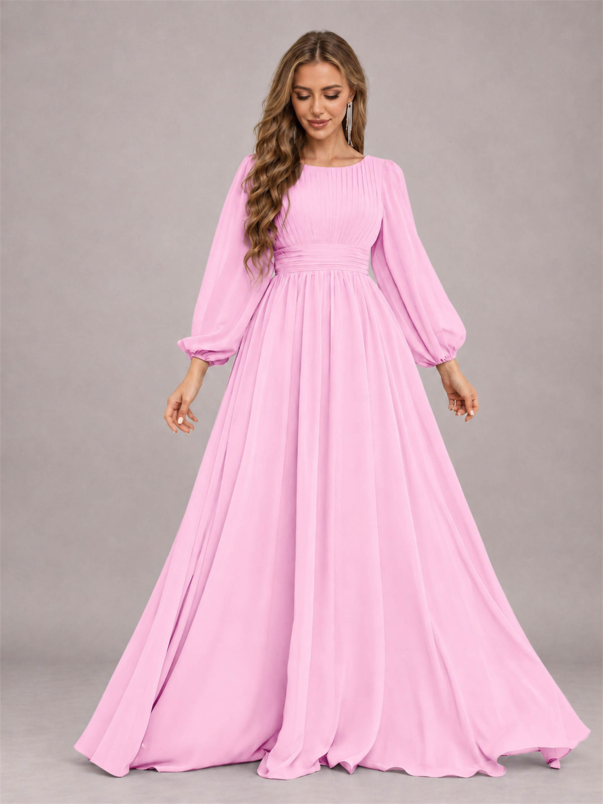 Candy Pink Trendy Long Sleeves Ruched Floor Length Chiffon Bridesmaid Dress