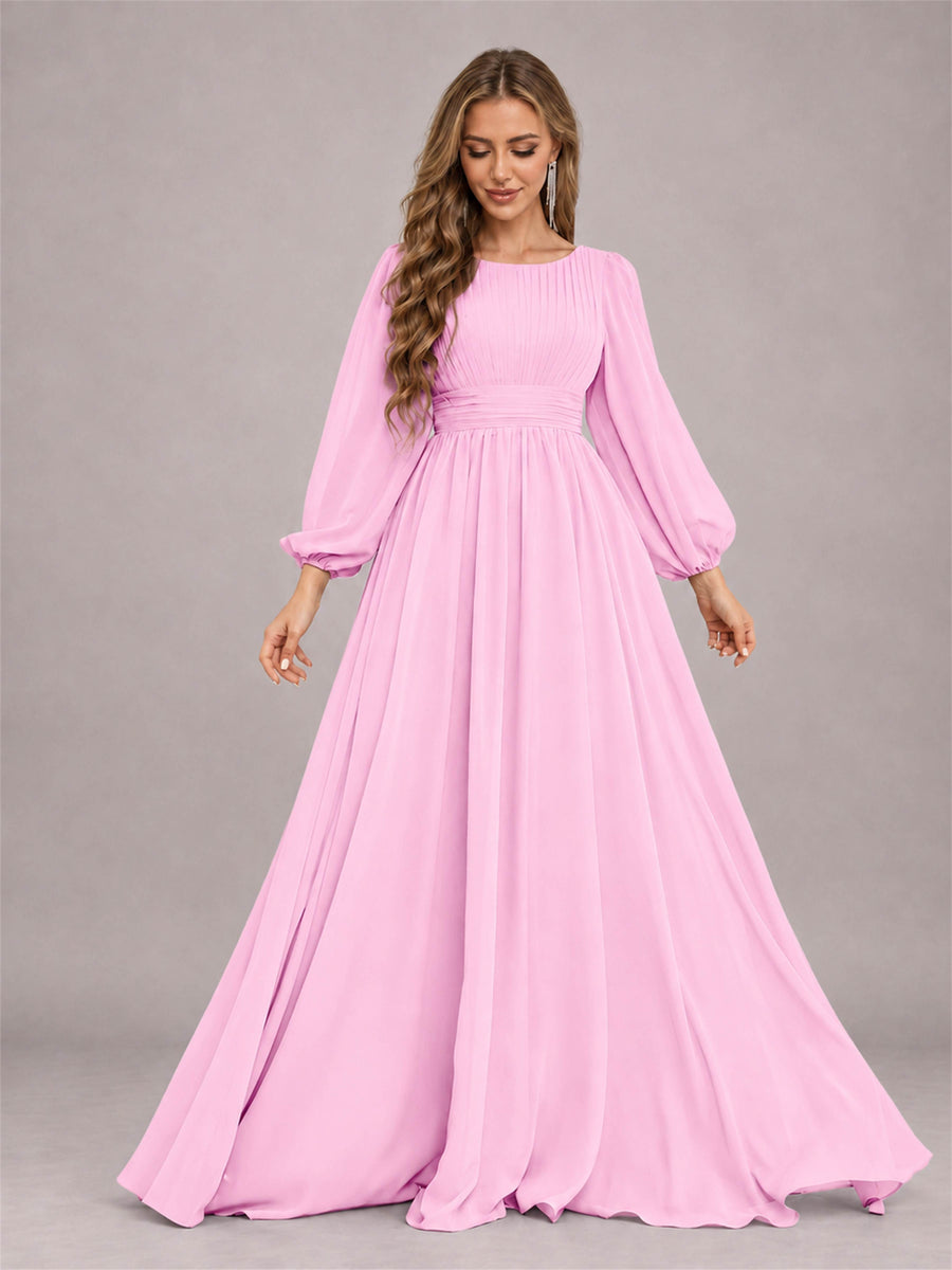 Candy Pink Trendy Long Sleeves Ruched Floor Length Chiffon Bridesmaid Dress