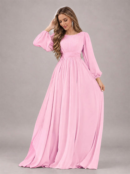 Candy Pink Trendy Long Sleeves Ruched Floor Length Chiffon Bridesmaid Dress
