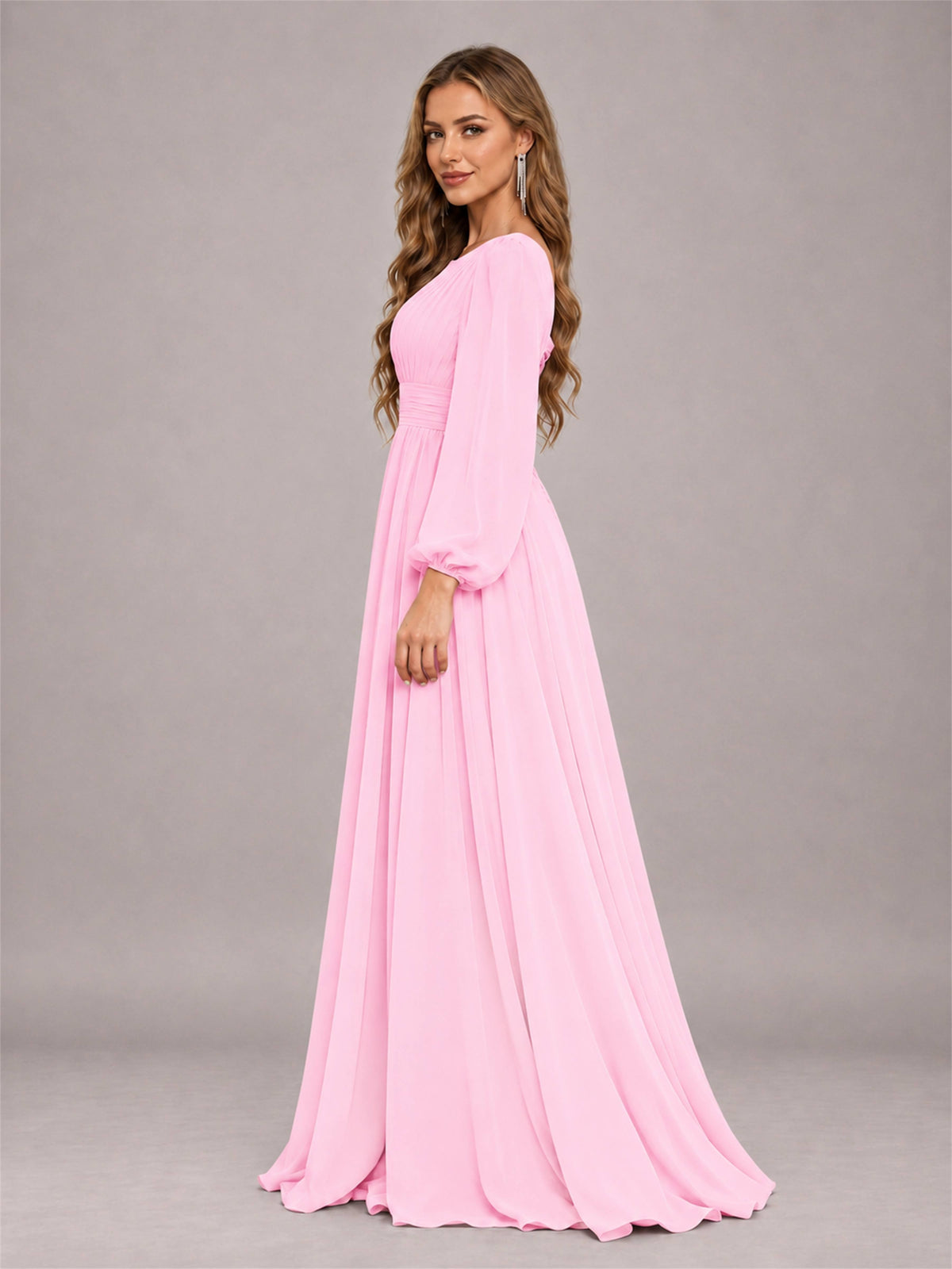 Candy Pink Trendy Long Sleeves Ruched Floor Length Chiffon Bridesmaid Dress