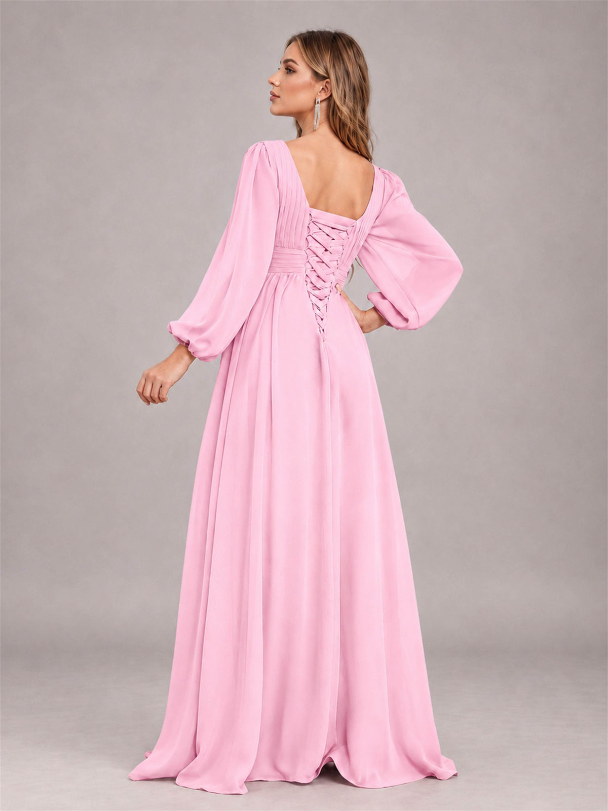 Candy Pink Trendy Long Sleeves Ruched Floor Length Chiffon Bridesmaid Dress
