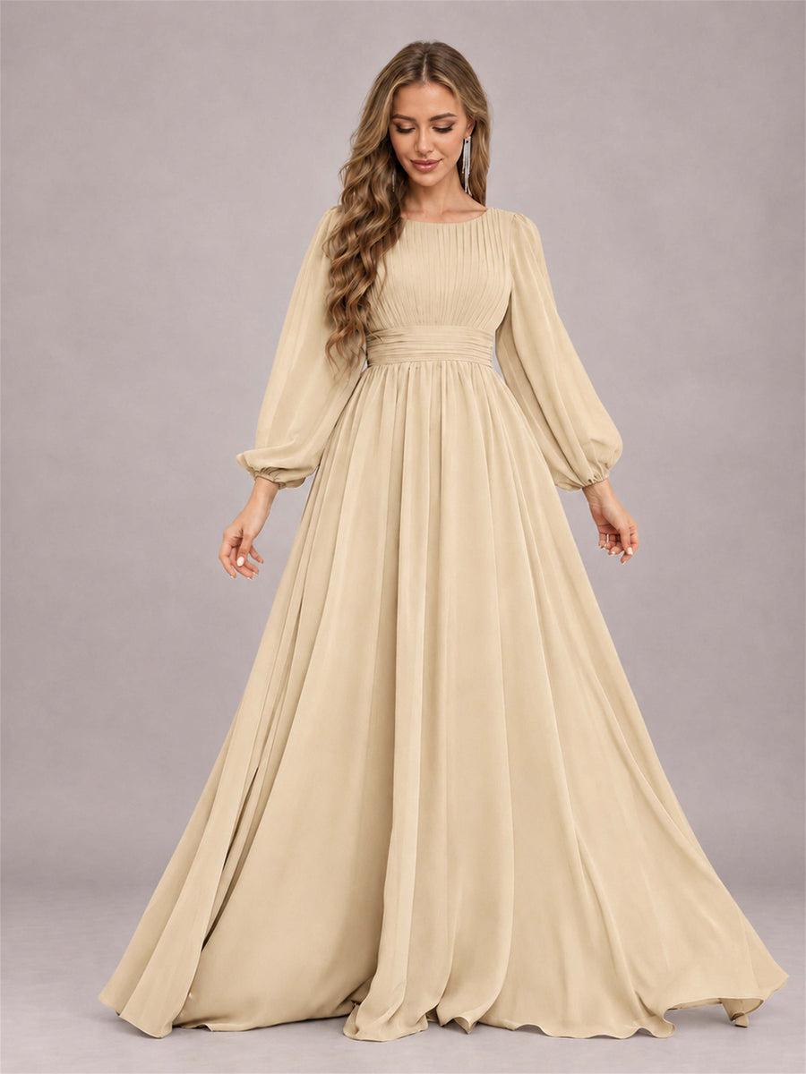 Champagne Trendy Long Sleeves Ruched Floor Length Chiffon Bridesmaid Dress