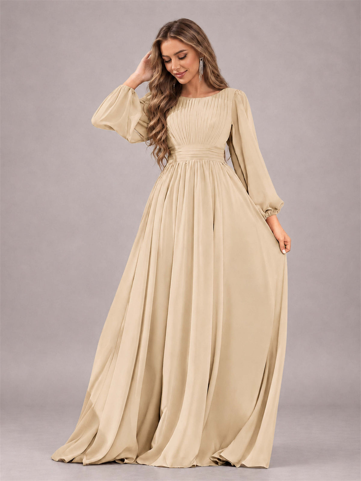 Champagne Trendy Long Sleeves Ruched Floor Length Chiffon Bridesmaid Dress