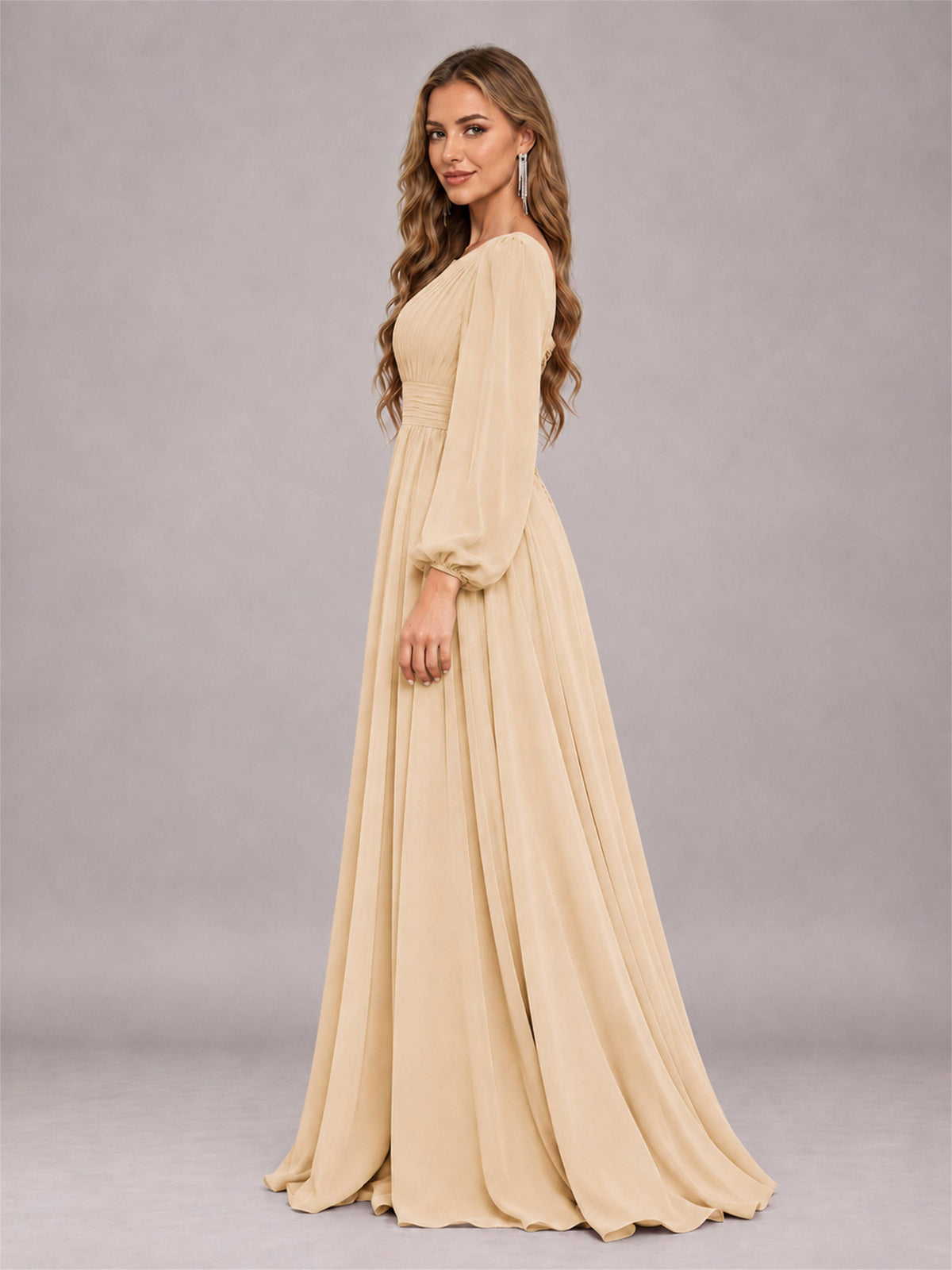 Champagne Trendy Long Sleeves Ruched Floor Length Chiffon Bridesmaid Dress