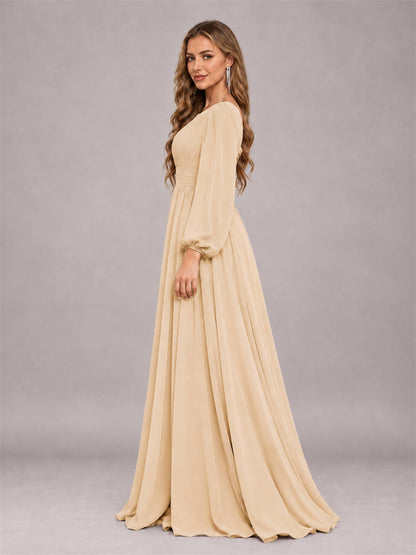 Champagne Trendy Long Sleeves Ruched Floor Length Chiffon Bridesmaid Dress