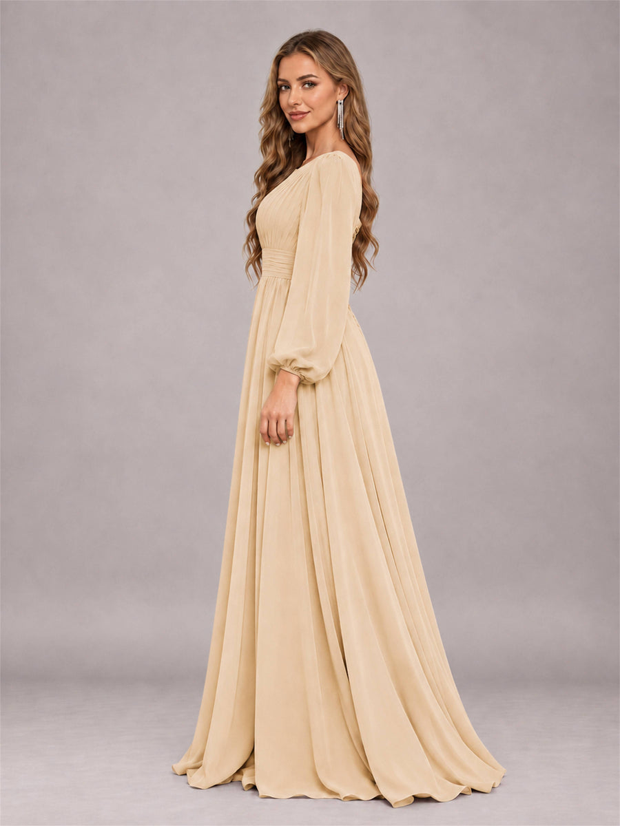 Champagne Trendy Long Sleeves Ruched Floor Length Chiffon Bridesmaid Dress