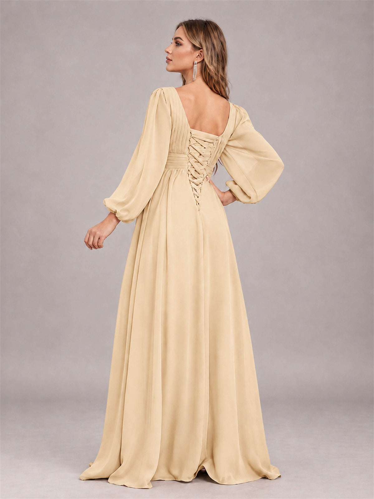 Champagne Trendy Long Sleeves Ruched Floor Length Chiffon Bridesmaid Dress