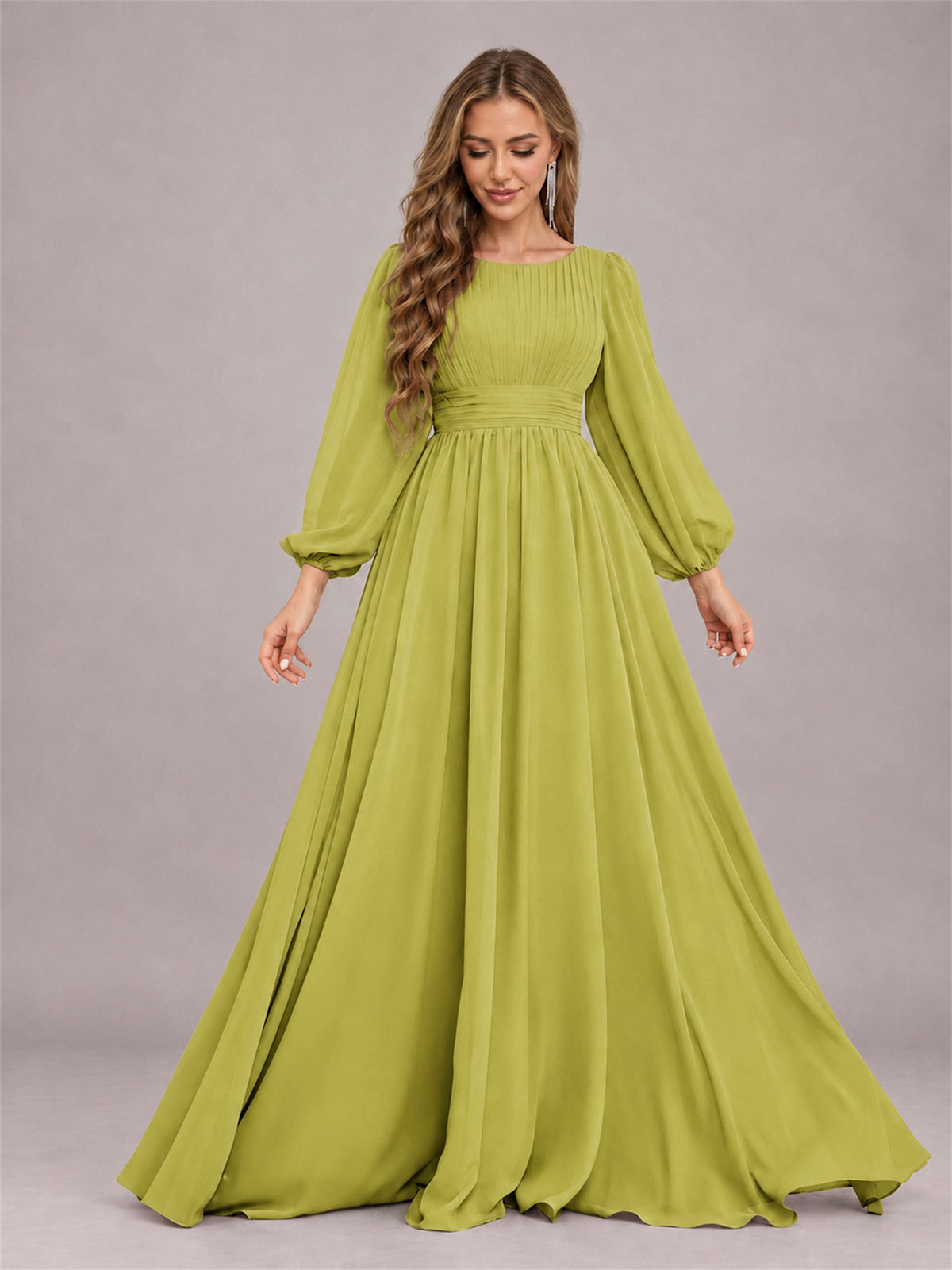 Chartreuse Trendy Long Sleeves Ruched Floor Length Chiffon Bridesmaid Dress