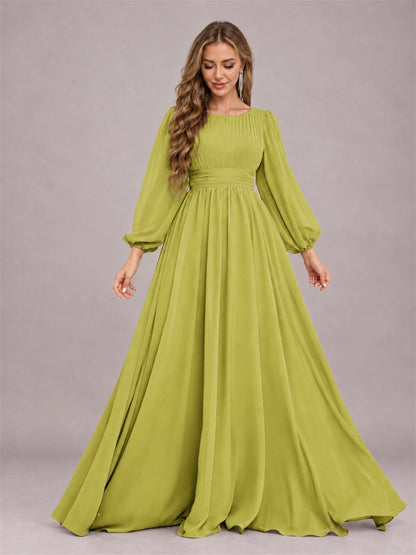 Chartreuse Trendy Long Sleeves Ruched Floor Length Chiffon Bridesmaid Dress