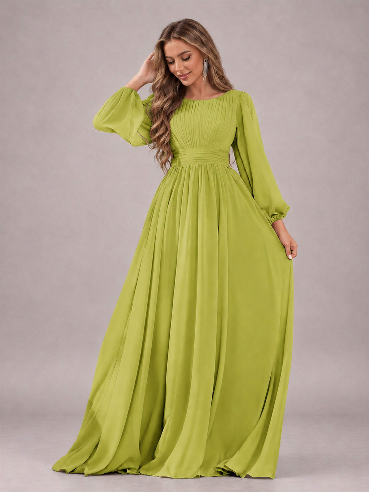 Chartreuse Trendy Long Sleeves Ruched Floor Length Chiffon Bridesmaid Dress