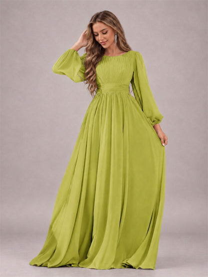 Chartreuse Trendy Long Sleeves Ruched Floor Length Chiffon Bridesmaid Dress