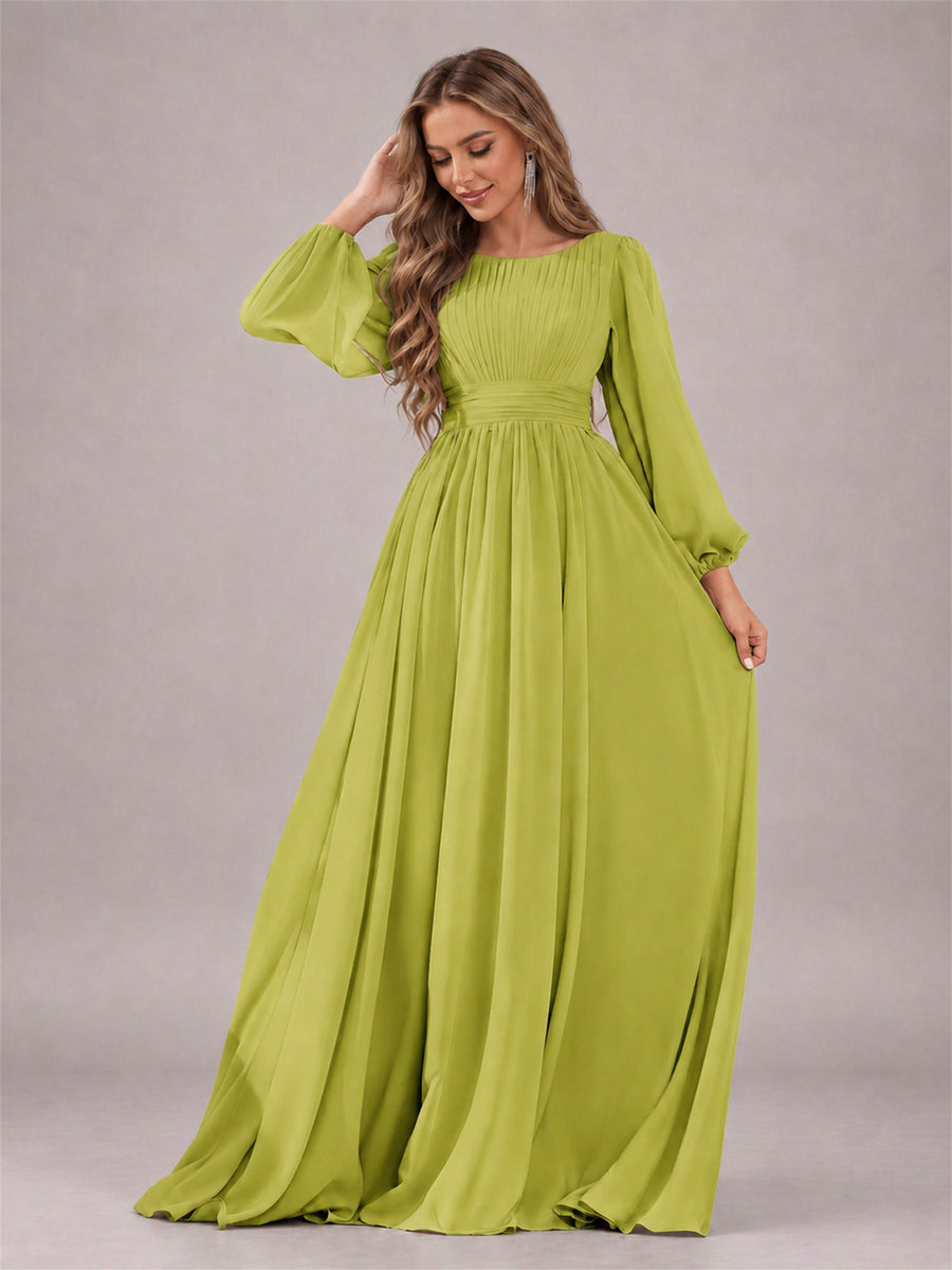 Chartreuse Trendy Long Sleeves Ruched Floor Length Chiffon Bridesmaid Dress
