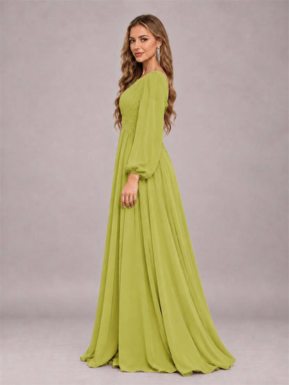 Chartreuse Trendy Long Sleeves Ruched Floor Length Chiffon Bridesmaid Dress