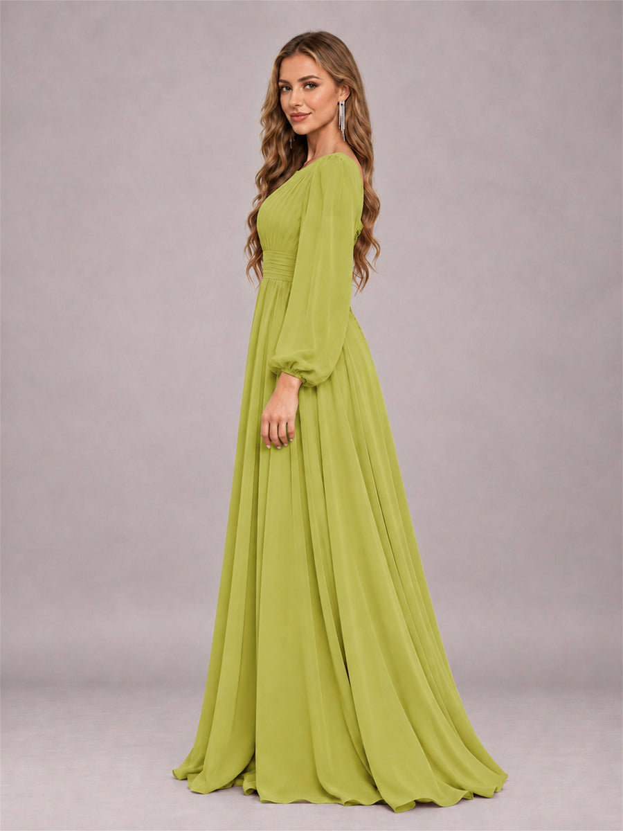Chartreuse Trendy Long Sleeves Ruched Floor Length Chiffon Bridesmaid Dress
