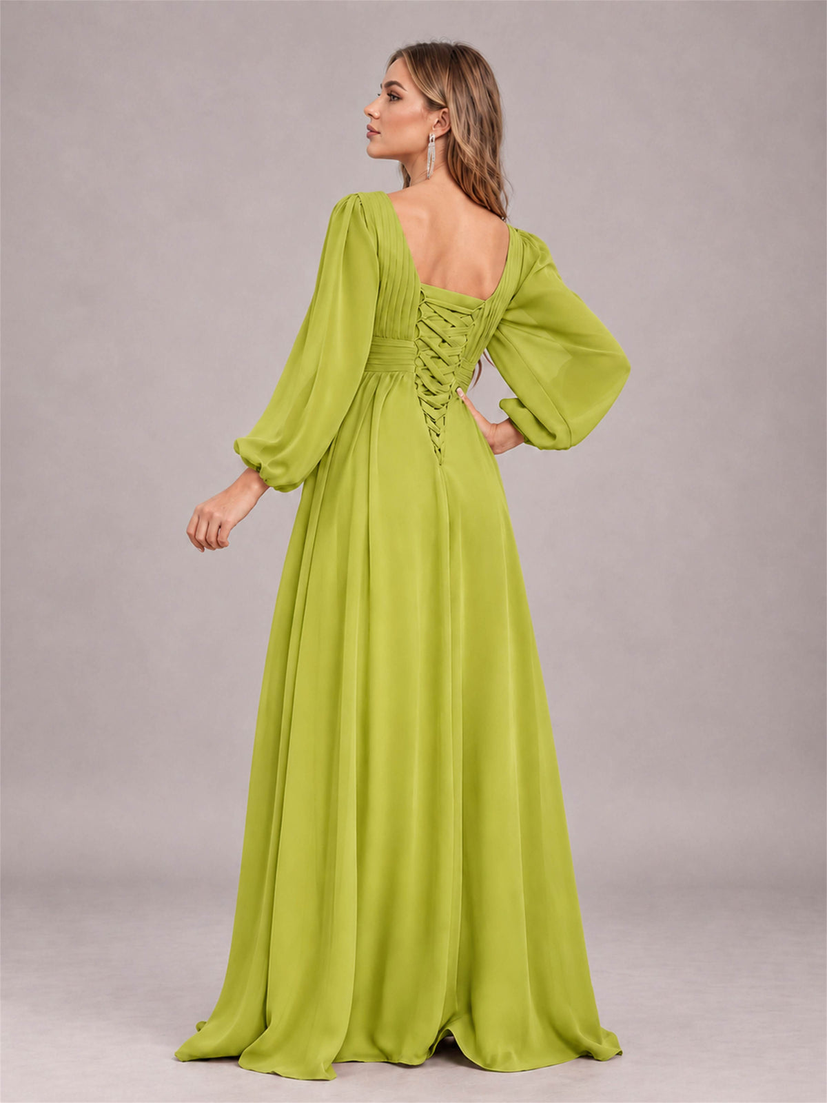 Chartreuse Trendy Long Sleeves Ruched Floor Length Chiffon Bridesmaid Dress