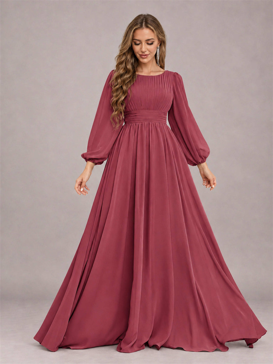 Cinnamon Rose Trendy Long Sleeves Ruched Floor Length Chiffon Bridesmaid Dress