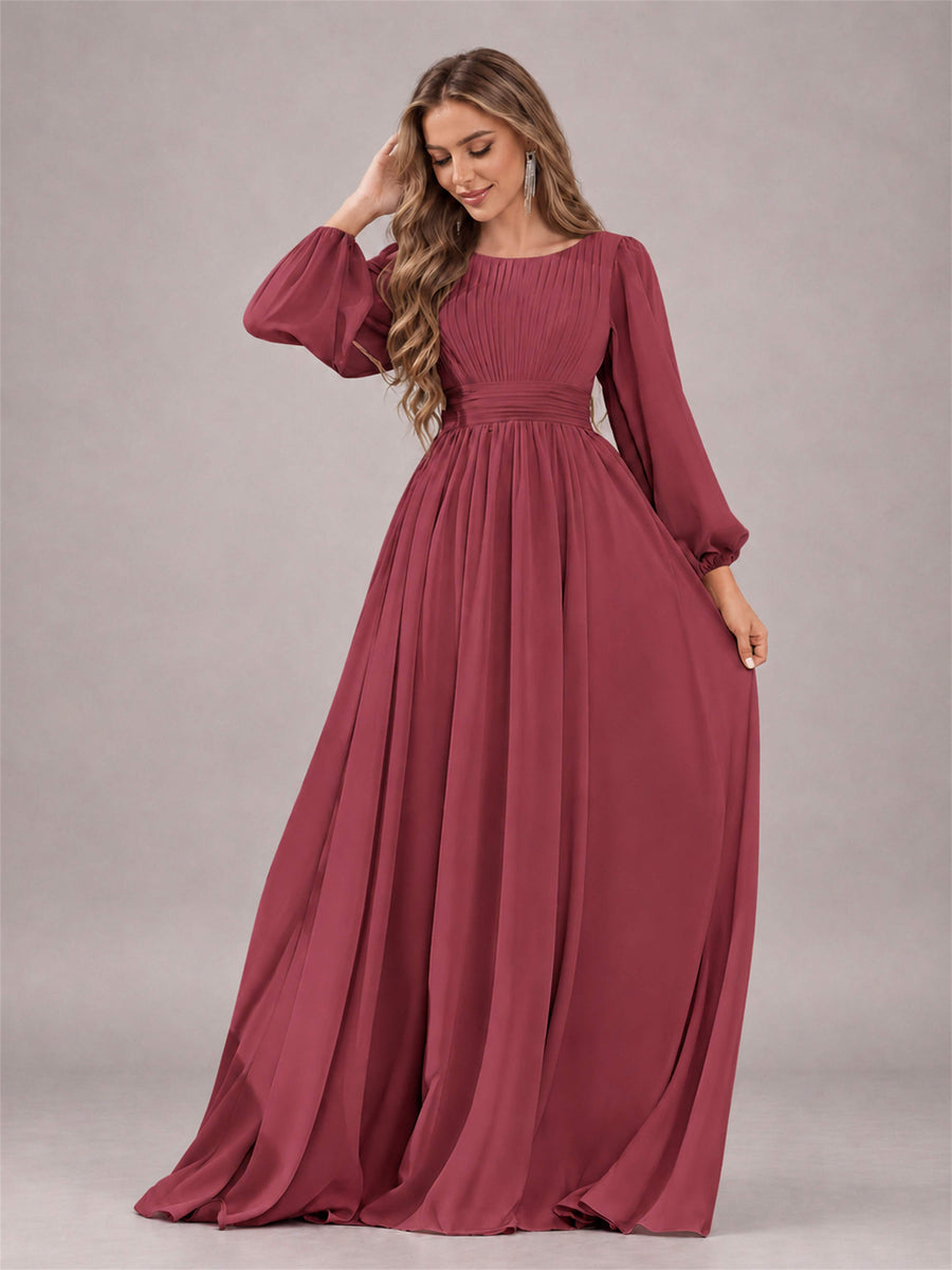 Cinnamon Rose Trendy Long Sleeves Ruched Floor Length Chiffon Bridesmaid Dress