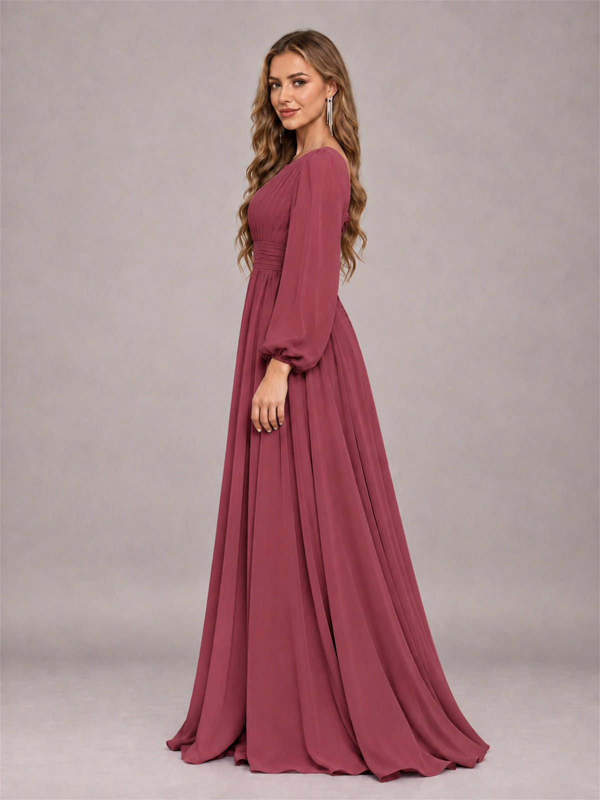Cinnamon Rose Trendy Long Sleeves Ruched Floor Length Chiffon Bridesmaid Dress