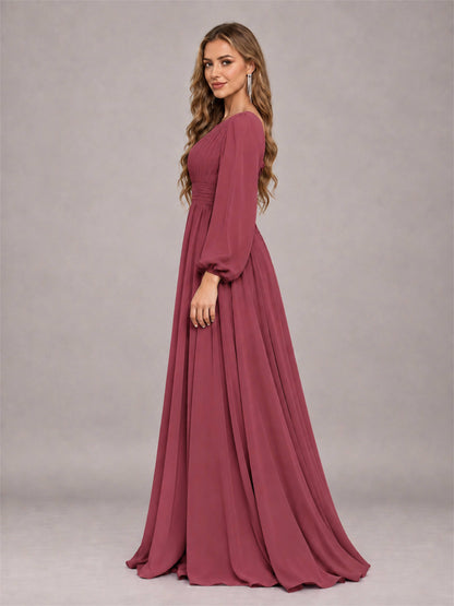 Cinnamon Rose Trendy Long Sleeves Ruched Floor Length Chiffon Bridesmaid Dress