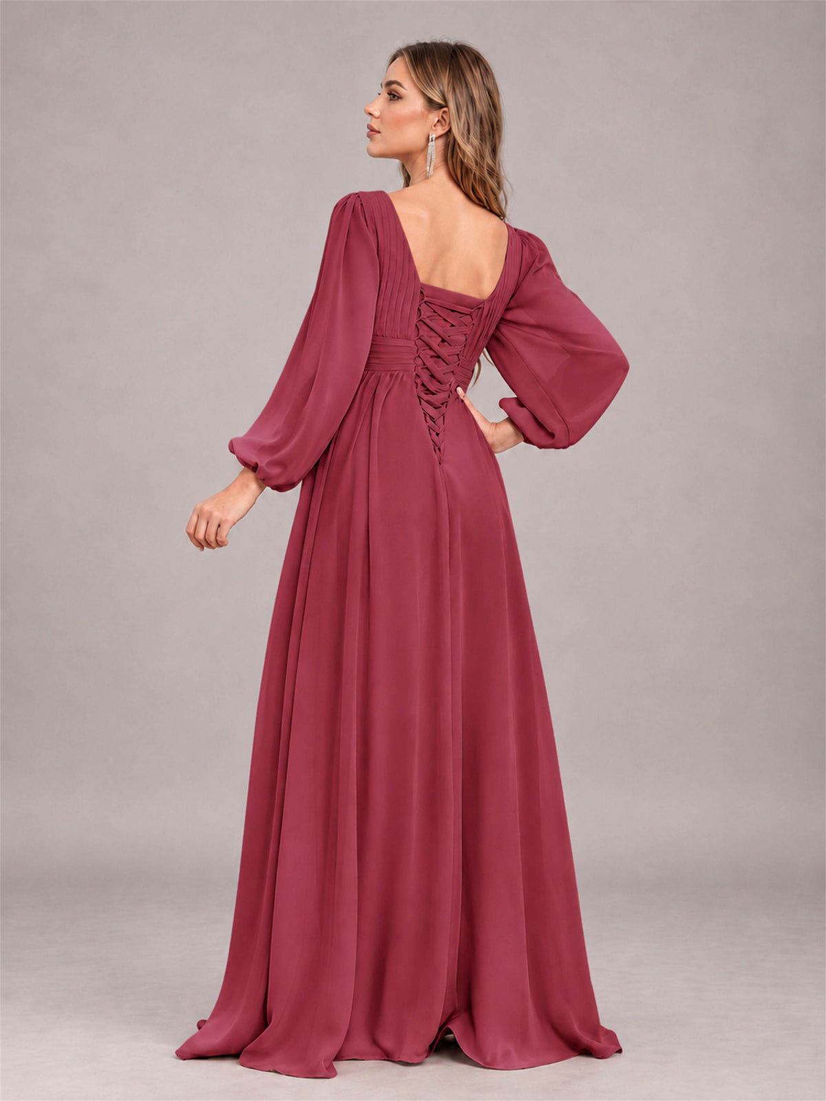 Cinnamon Rose Trendy Long Sleeves Ruched Floor Length Chiffon Bridesmaid Dress