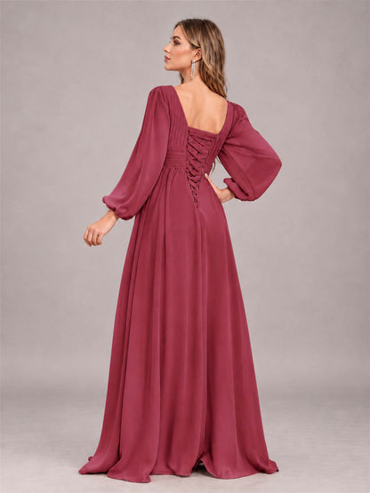 Cinnamon Rose Trendy Long Sleeves Ruched Floor Length Chiffon Bridesmaid Dress