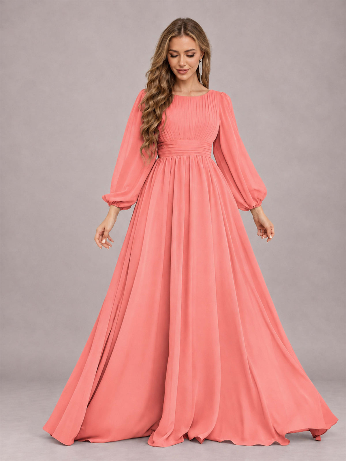 Coral Trendy Long Sleeves Ruched Floor Length Chiffon Bridesmaid Dress
