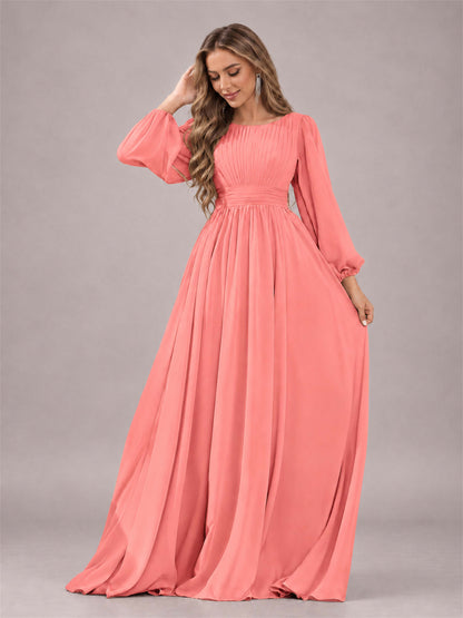 Coral Trendy Long Sleeves Ruched Floor Length Chiffon Bridesmaid Dress
