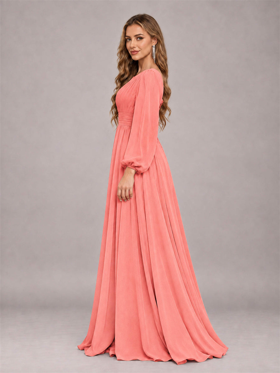 Coral Trendy Long Sleeves Ruched Floor Length Chiffon Bridesmaid Dress