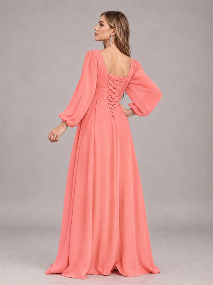Coral Trendy Long Sleeves Ruched Floor Length Chiffon Bridesmaid Dress