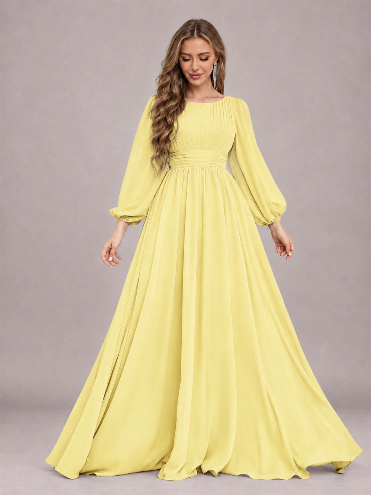 Daffodil Trendy Long Sleeves Ruched Floor Length Chiffon Bridesmaid Dress