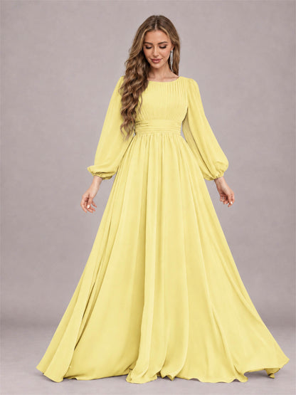 Daffodil Trendy Long Sleeves Ruched Floor Length Chiffon Bridesmaid Dress