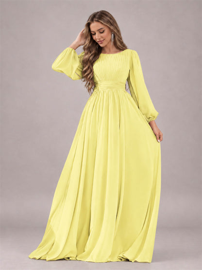 Daffodil Trendy Long Sleeves Ruched Floor Length Chiffon Bridesmaid Dress