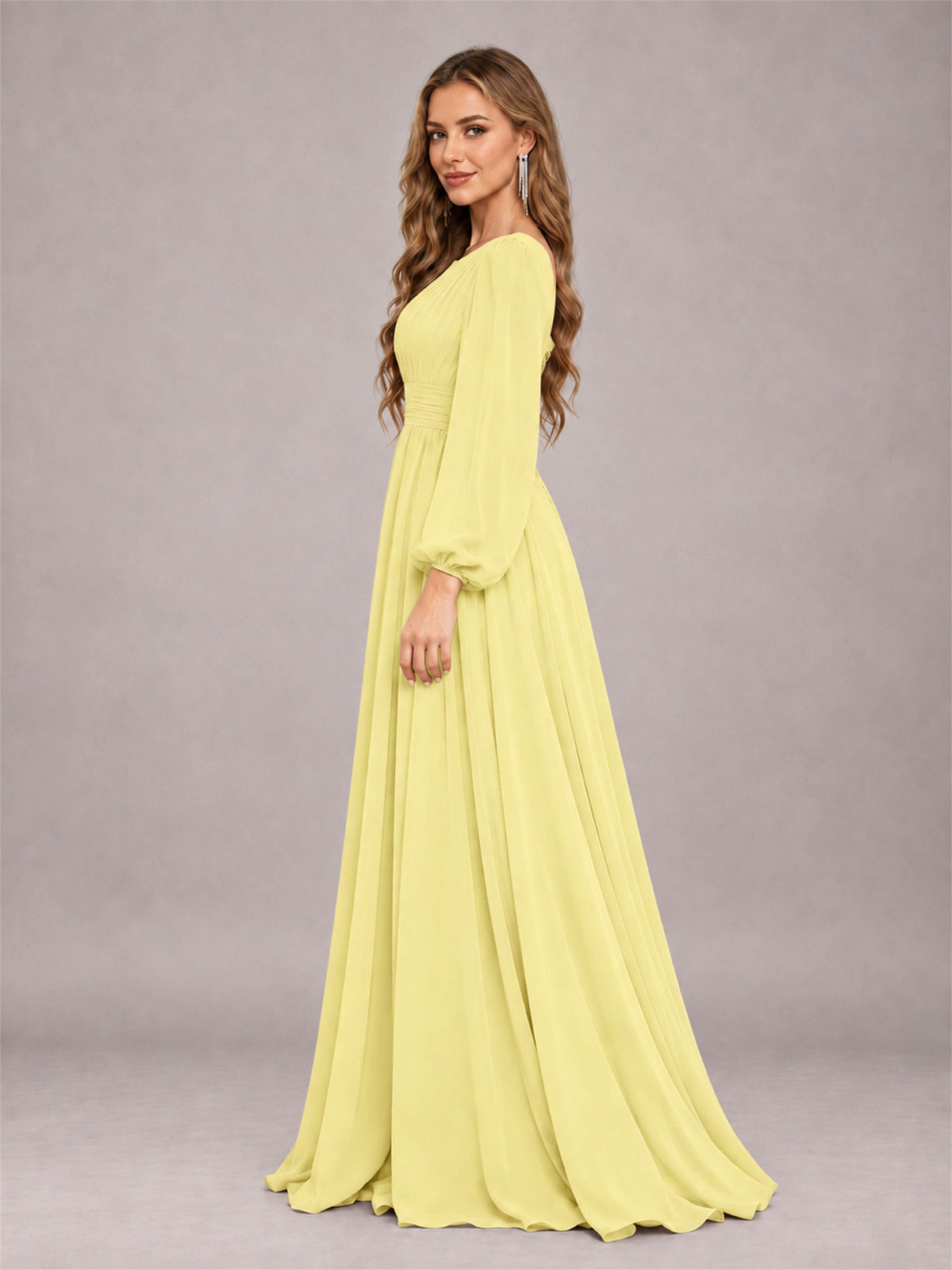 Daffodil Trendy Long Sleeves Ruched Floor Length Chiffon Bridesmaid Dress