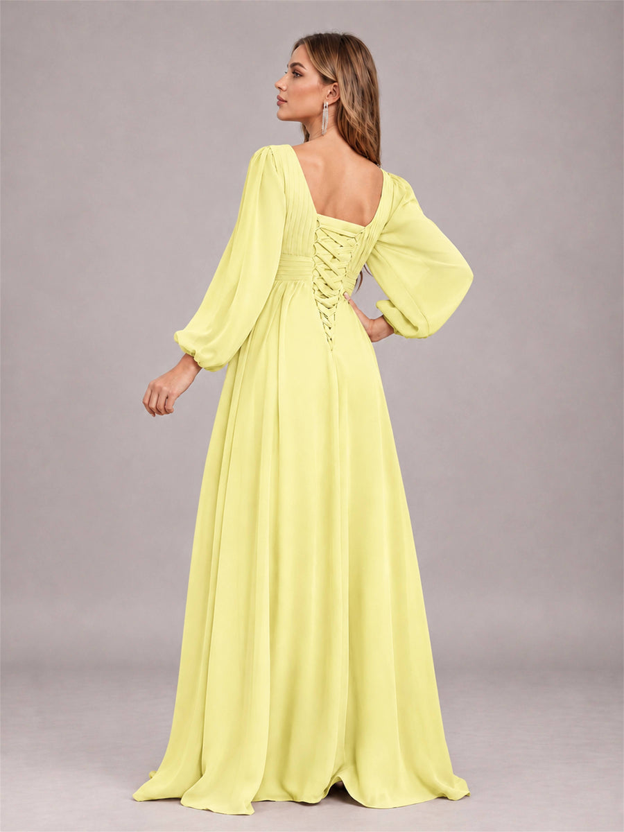 Daffodil Trendy Long Sleeves Ruched Floor Length Chiffon Bridesmaid Dress