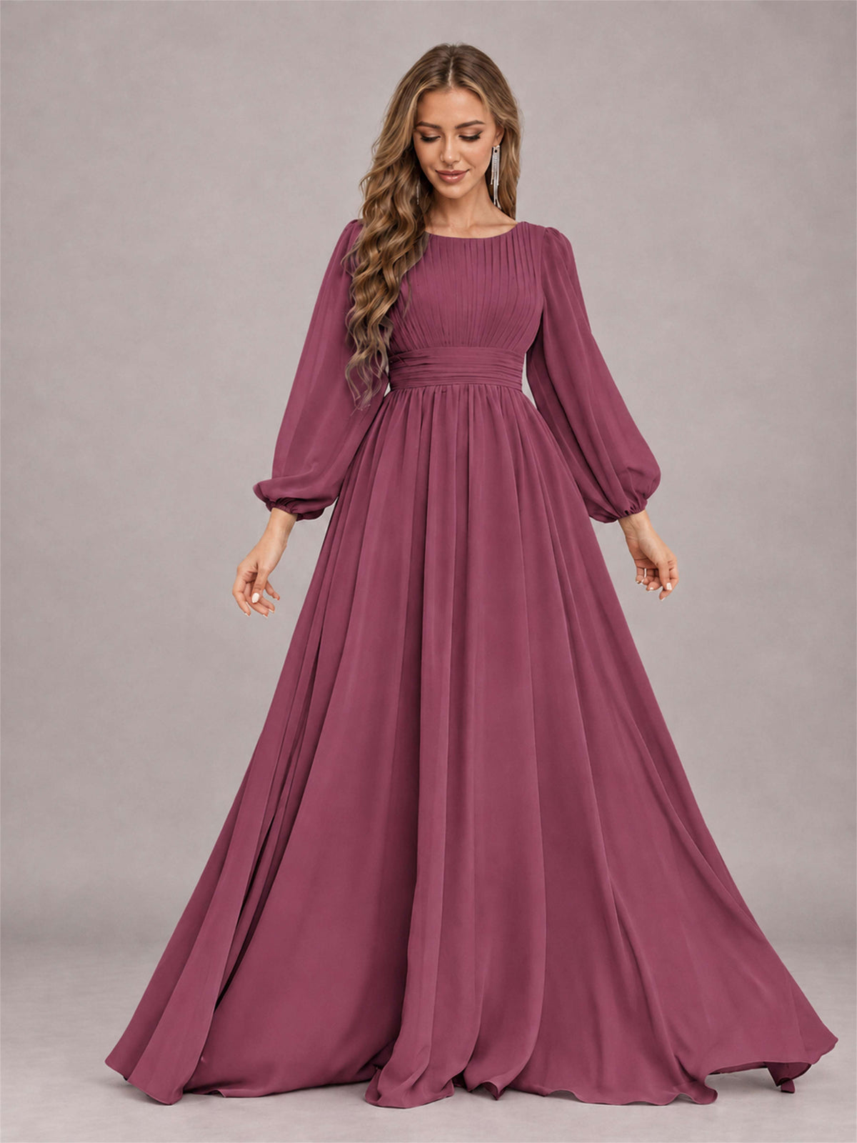 Desert Rose Trendy Long Sleeves Ruched Floor Length Chiffon Bridesmaid Dress