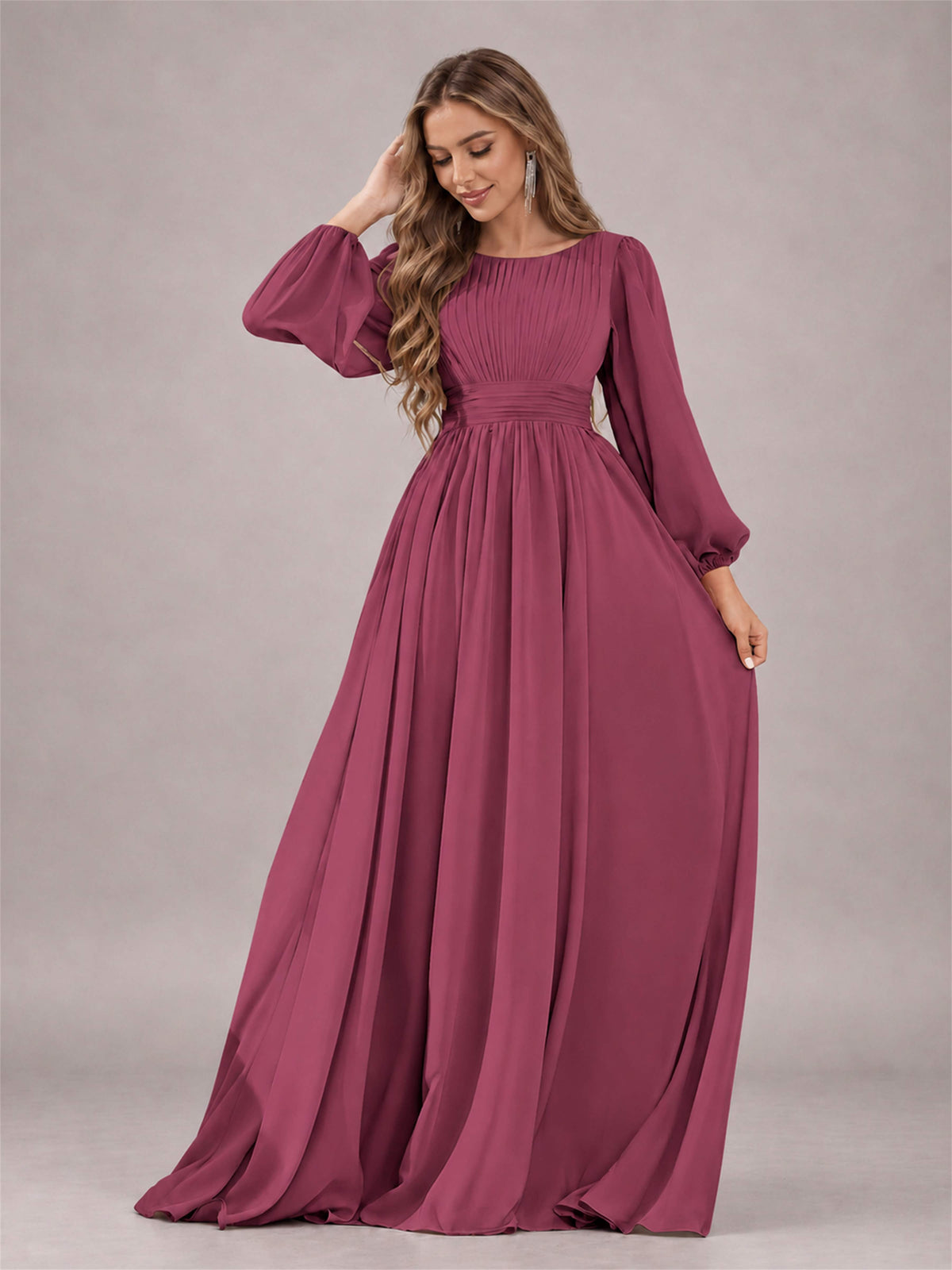 Desert Rose Trendy Long Sleeves Ruched Floor Length Chiffon Bridesmaid Dress