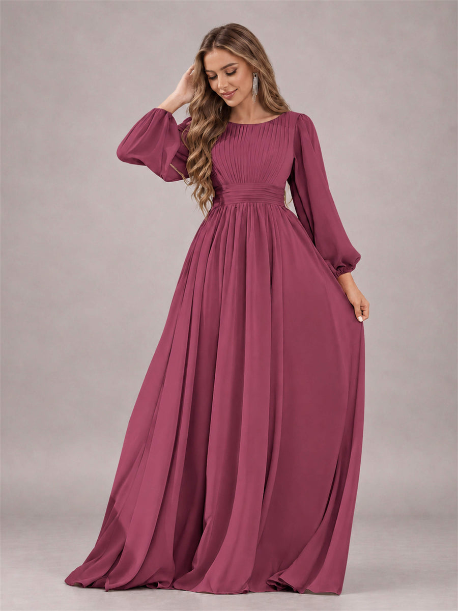 Desert Rose Trendy Long Sleeves Ruched Floor Length Chiffon Bridesmaid Dress