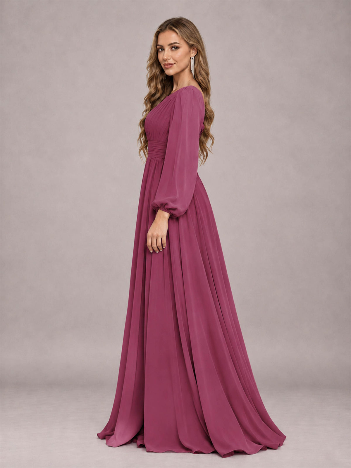 Desert Rose Trendy Long Sleeves Ruched Floor Length Chiffon Bridesmaid Dress