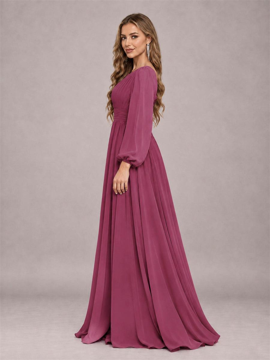 Desert Rose Trendy Long Sleeves Ruched Floor Length Chiffon Bridesmaid Dress