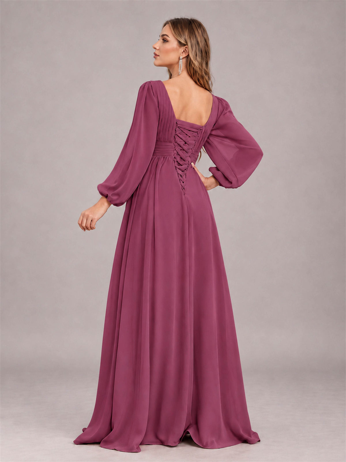 Desert Rose Trendy Long Sleeves Ruched Floor Length Chiffon Bridesmaid Dress