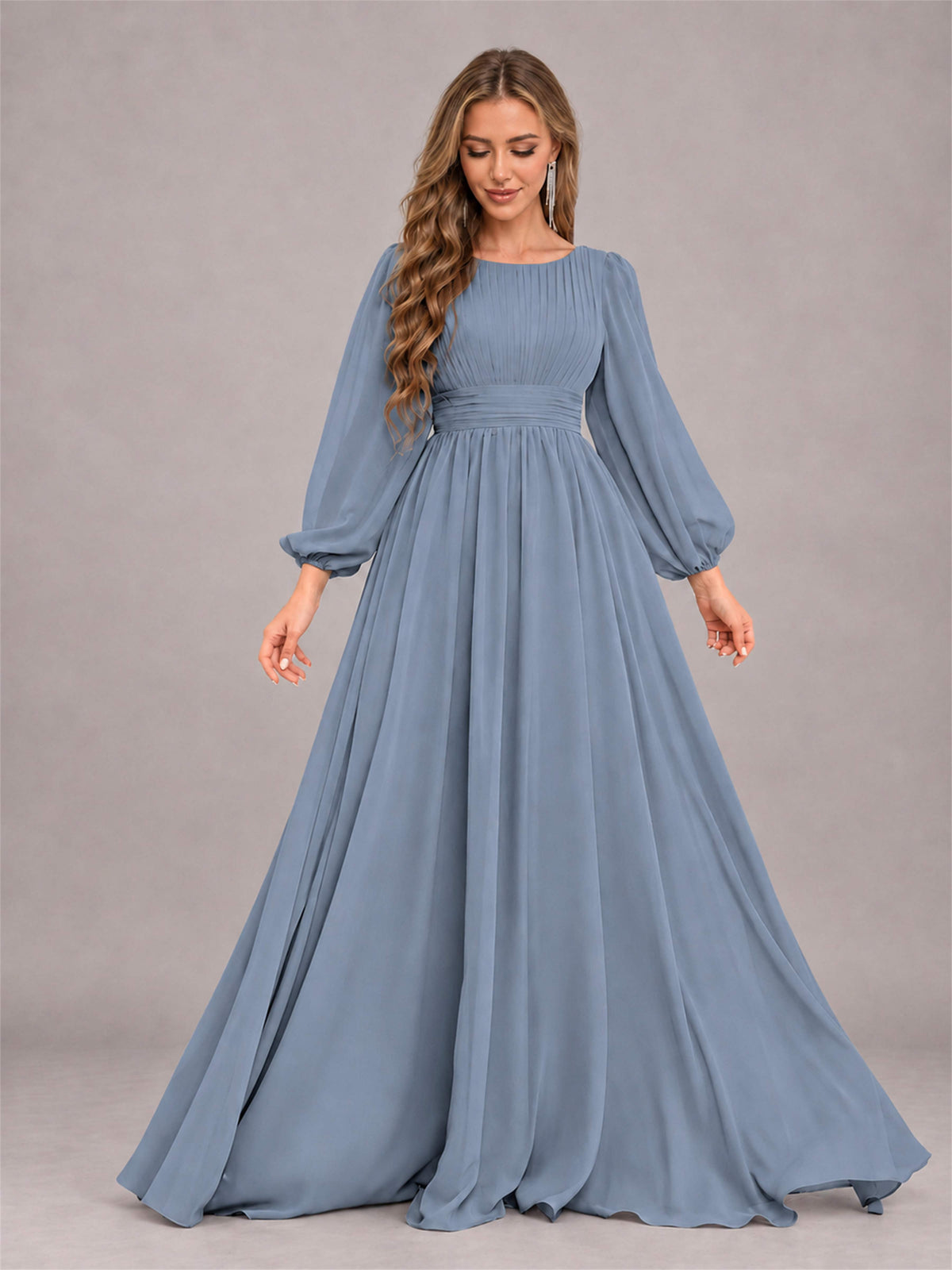 Dusty Blue Trendy Long Sleeves Ruched Floor Length Chiffon Bridesmaid Dress