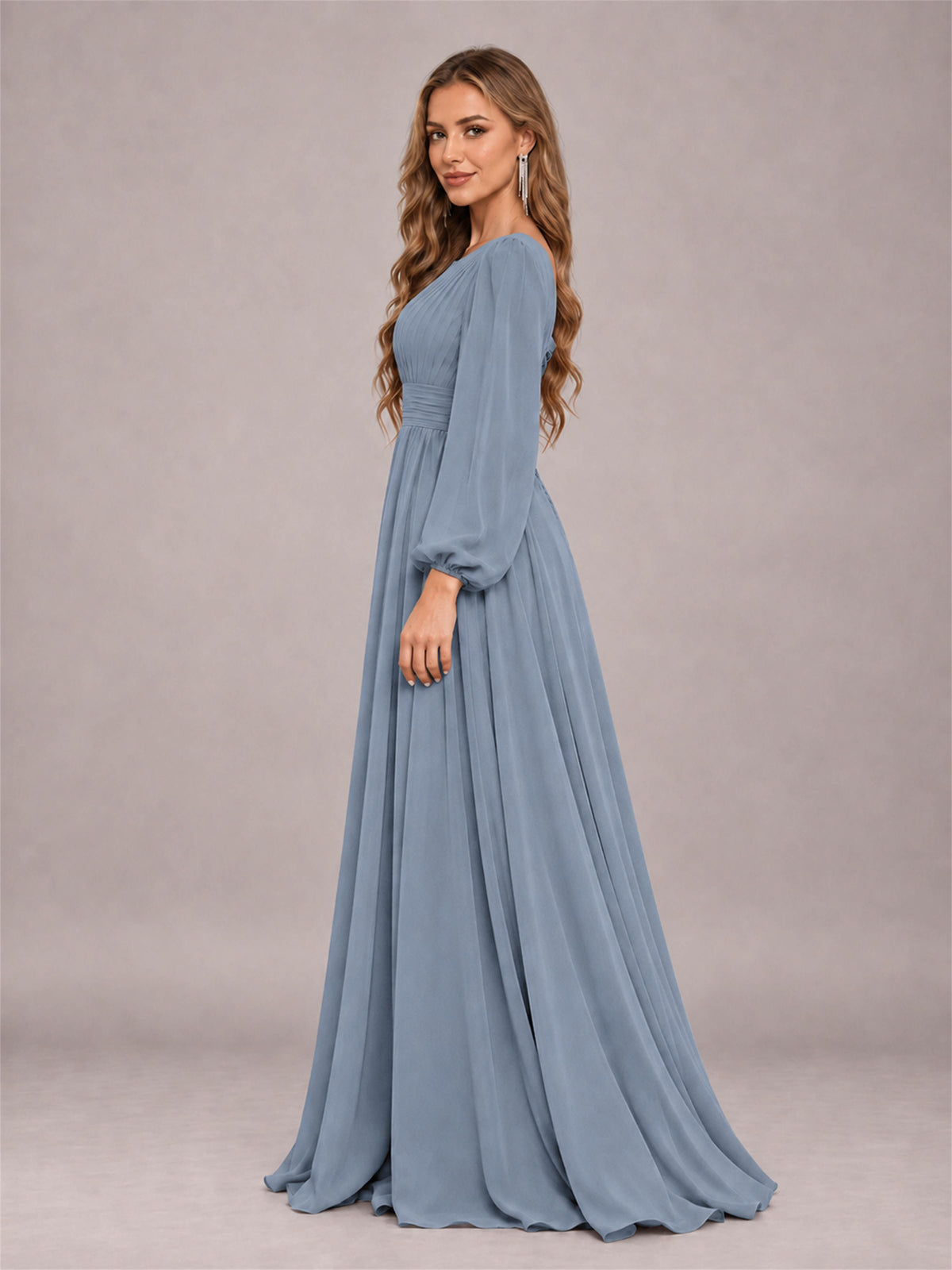 Dusty Blue Trendy Long Sleeves Ruched Floor Length Chiffon Bridesmaid Dress