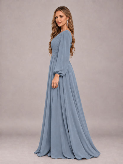 Dusty Blue Trendy Long Sleeves Ruched Floor Length Chiffon Bridesmaid Dress
