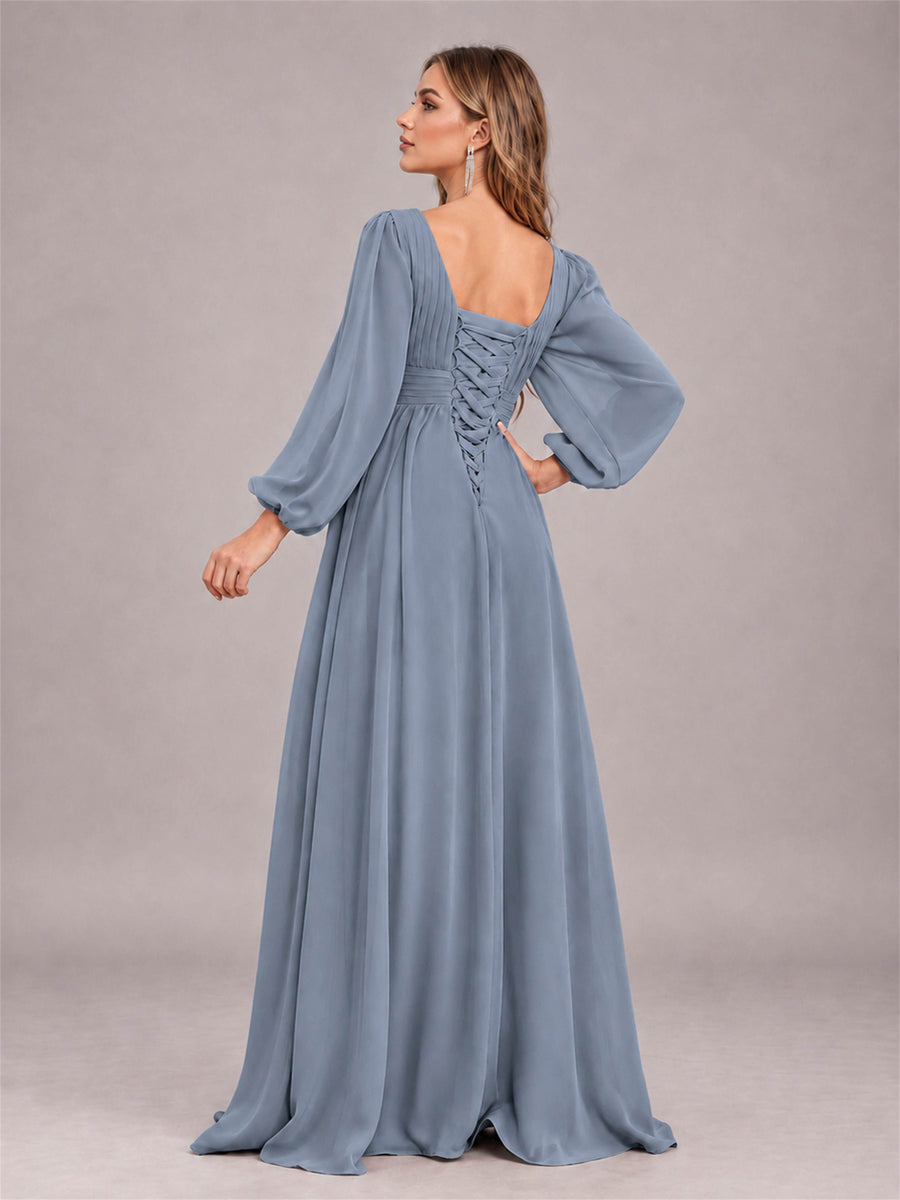 Dusty Blue Trendy Long Sleeves Ruched Floor Length Chiffon Bridesmaid Dress